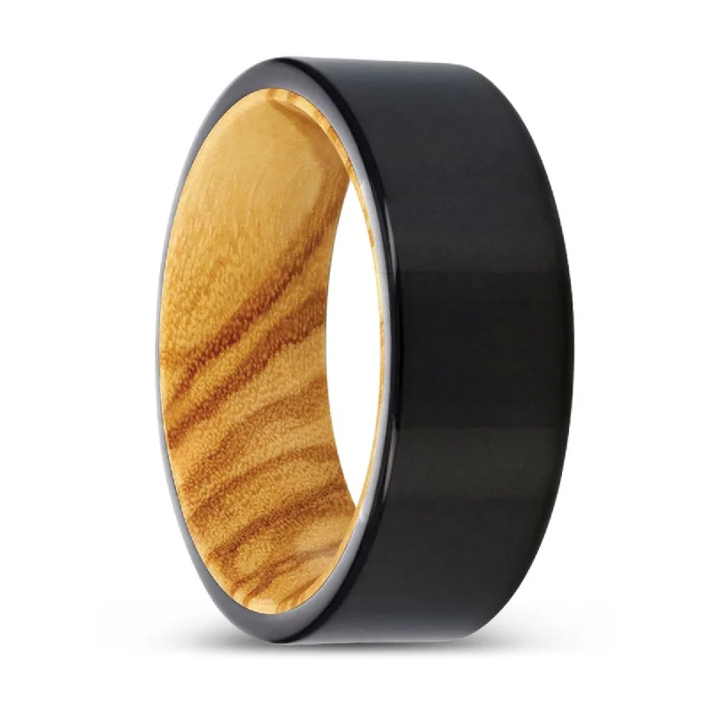 adjustable rings for women-MINKS | Olive Wood, Black Tungsten Ring, Shiny, Flat