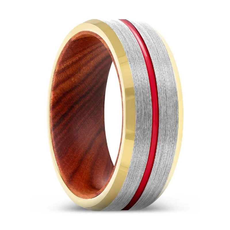 gold rings with diamonds-FLUX | Iron Wood, Silver Tungsten Ring, Red Groove, Gold Beveled Edge