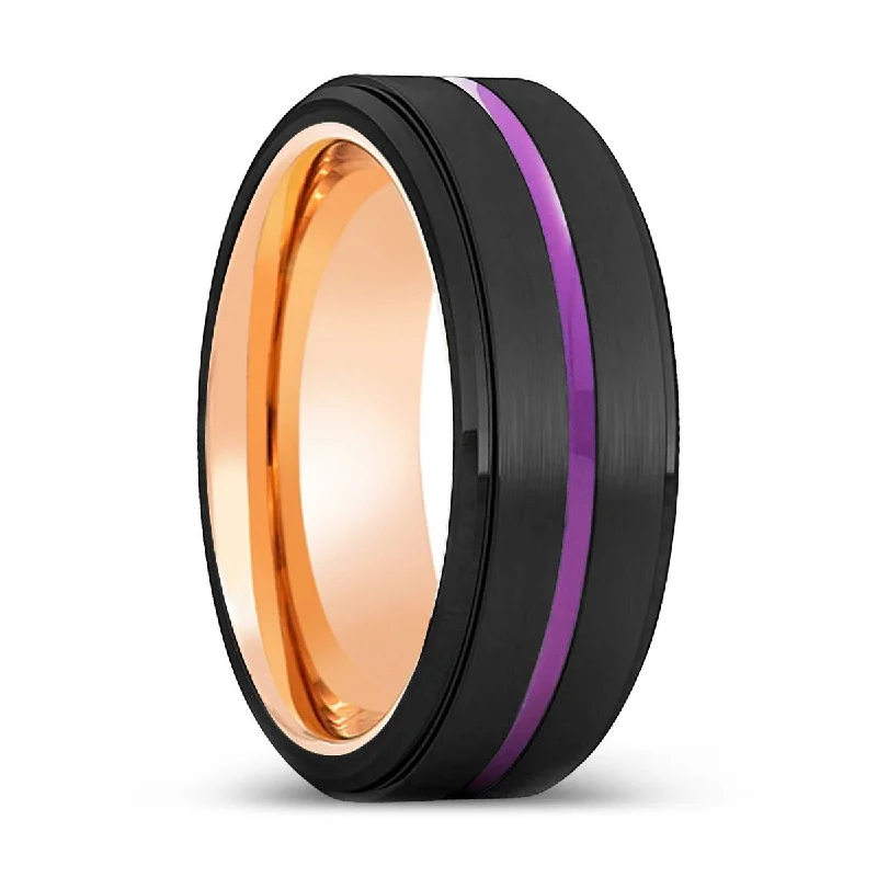 large rings for women-CAIRNS | Rose Gold Ring, Black Tungsten Ring, Purple Groove, Stepped Edge