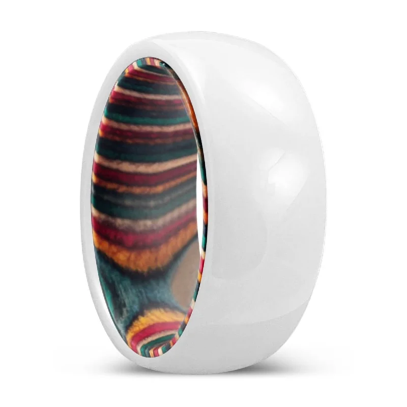 vintage wedding rings for women-EMPOWER | Multi Color Wood, White Ceramic Ring, Domed