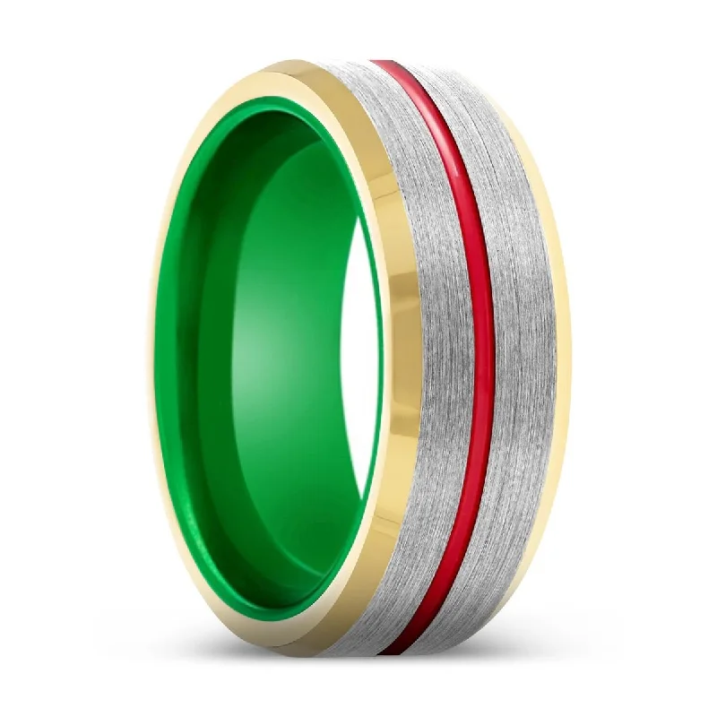 diamond rings for women-COBRA | Green Ring, Silver Tungsten Ring, Red Groove, Gold Beveled Edge