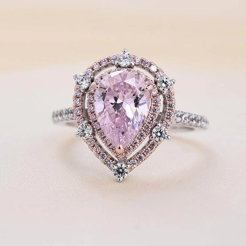 engagement rings with emerald stones-Double Halo 2.0Ct 2-Tone Romantic Pink Pear Cut Engagement Ring