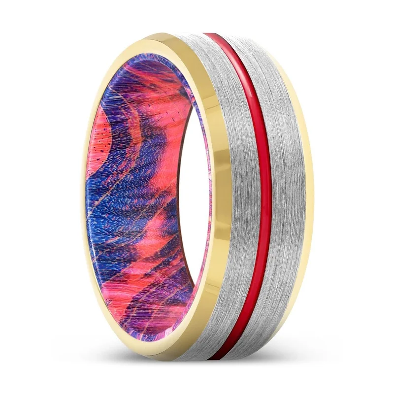 engagement rings for women-MASTERY | Blue & Red Wood, Silver Tungsten Ring, Red Groove, Gold Beveled Edge