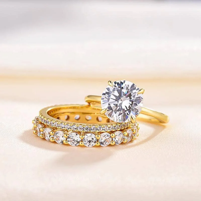 affordable diamond engagement rings-Yellow Gold Round Cut 3PC Wedding Ring Set