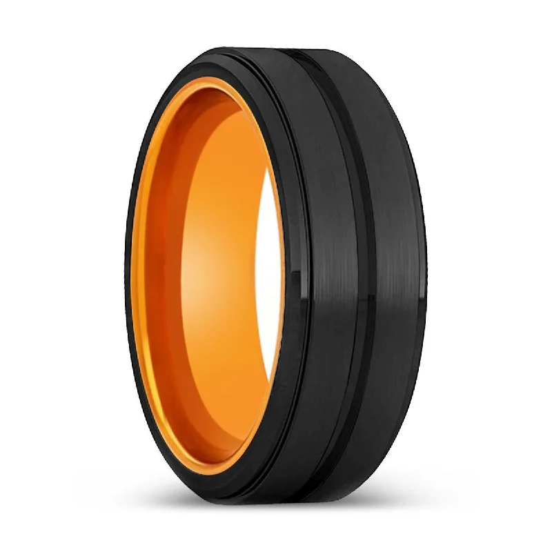 gold-plated rings for women-IRONMAN | Orange Ring, Black Tungsten Ring, Grooved, Stepped Edge