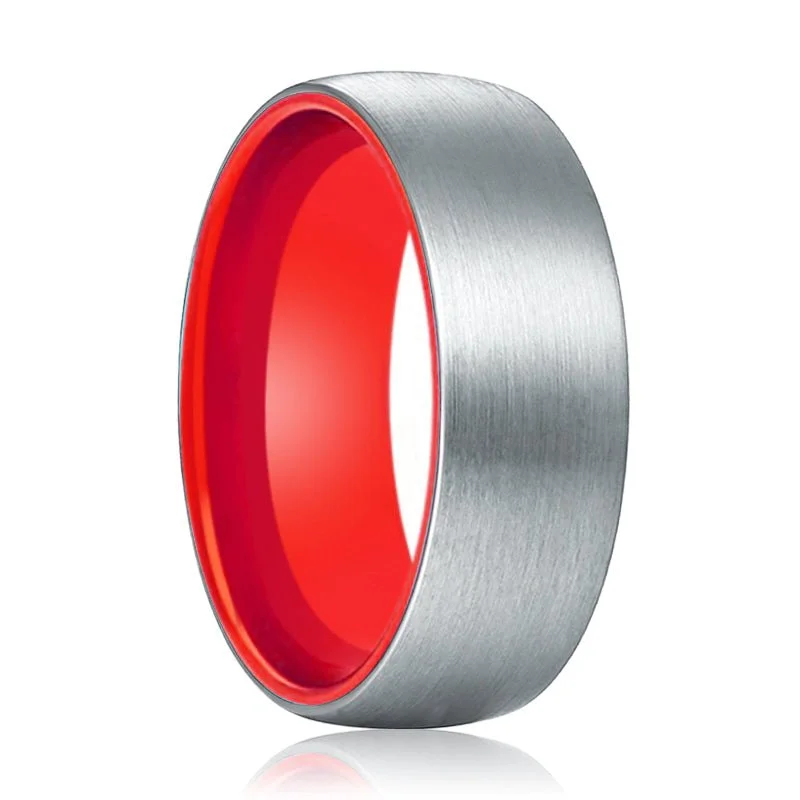 romantic rings for women-NOBLE | Red Ring, Silver Tungsten Ring, Brushed, Domed