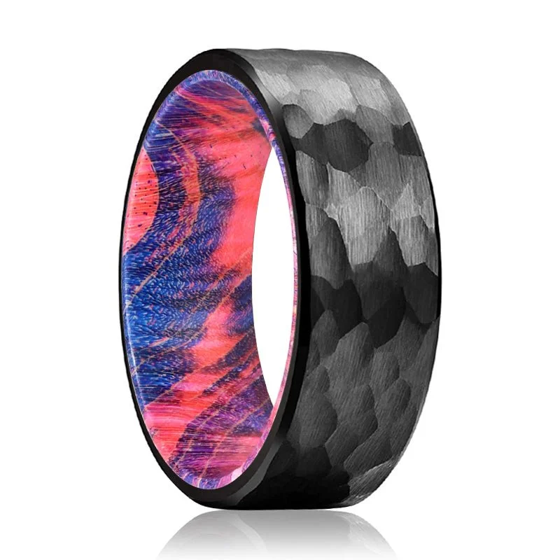 promise rings for women-JUMBLE | Blue and Red Wood, Black Tungsten Ring, Hammered, Flat