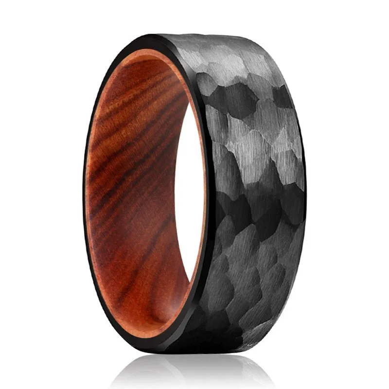 wedding rings for women-IMPERIAL | IRON Wood, Black Tungsten Ring, Hammered, Flat