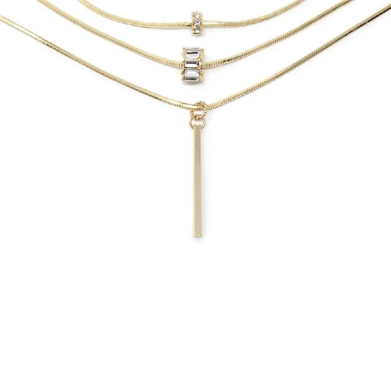 gold chain necklaces for women-Three Layer Snake Chain Necklace CZ Pave and Bar Drop Gold Plated