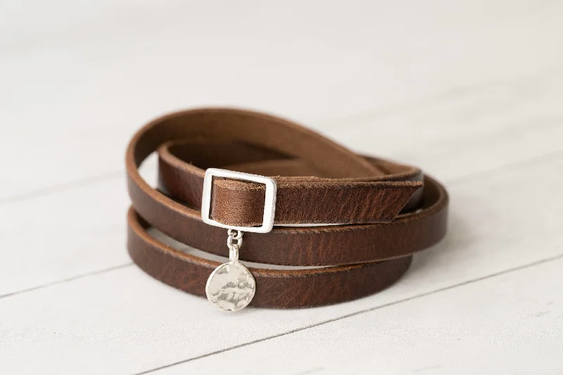 stylish cuff bangles for women-Leather Wrap Bracelet - Handmade Jewelry Silver Monogram Engraved - Rustic Brown - Perfect Gift for Women - Handmade Jewelry - Mother's Day