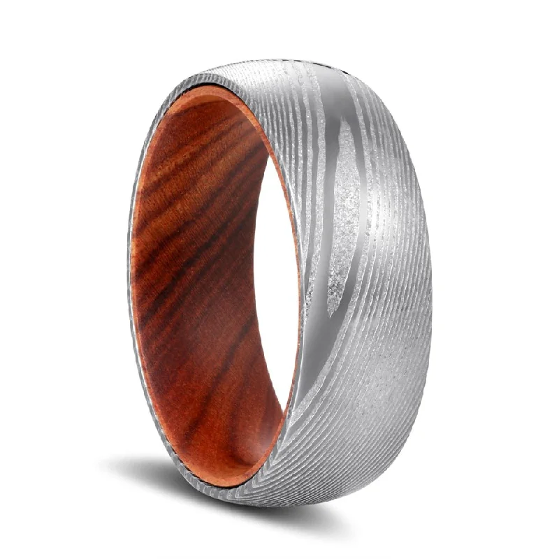 designer wedding rings for women-TILLMAN | Iron Wood, Silver Damascus Steel, Domed