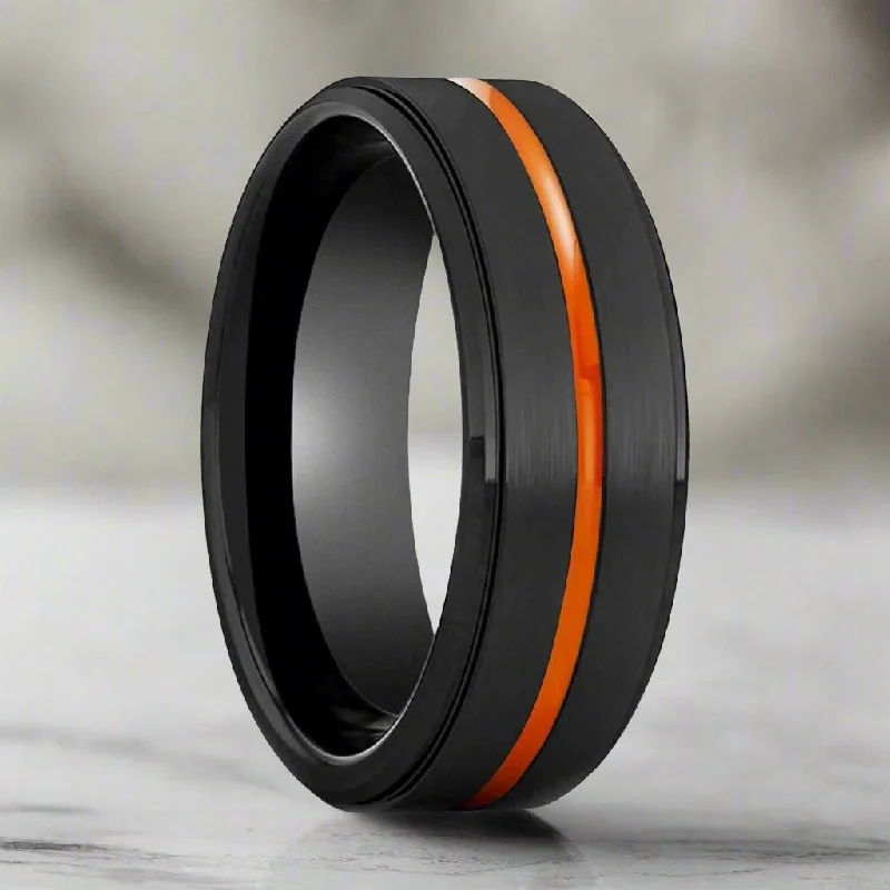 chic rings for women-SHADOW | Black Ring, Black Tungsten Ring, Orange Groove, Stepped Edge