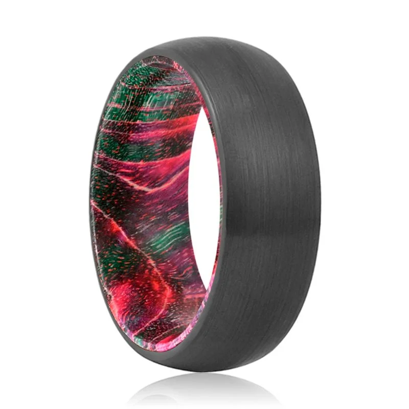 fashion rings for women-ROBINSON | Green & Red Wood, Black Tungsten Ring, Brushed, Domed