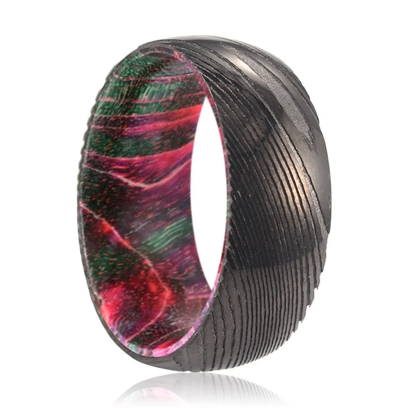 modern gold rings for women-RUTLAND | Green & Red Wood, Gunmetal Damascus Steel Ring, Domed