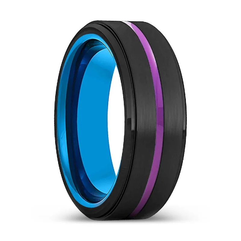 gold diamond rings for women-ALBURY | Blue Tungsten Ring, Black Tungsten Ring, Purple Groove, Stepped Edge