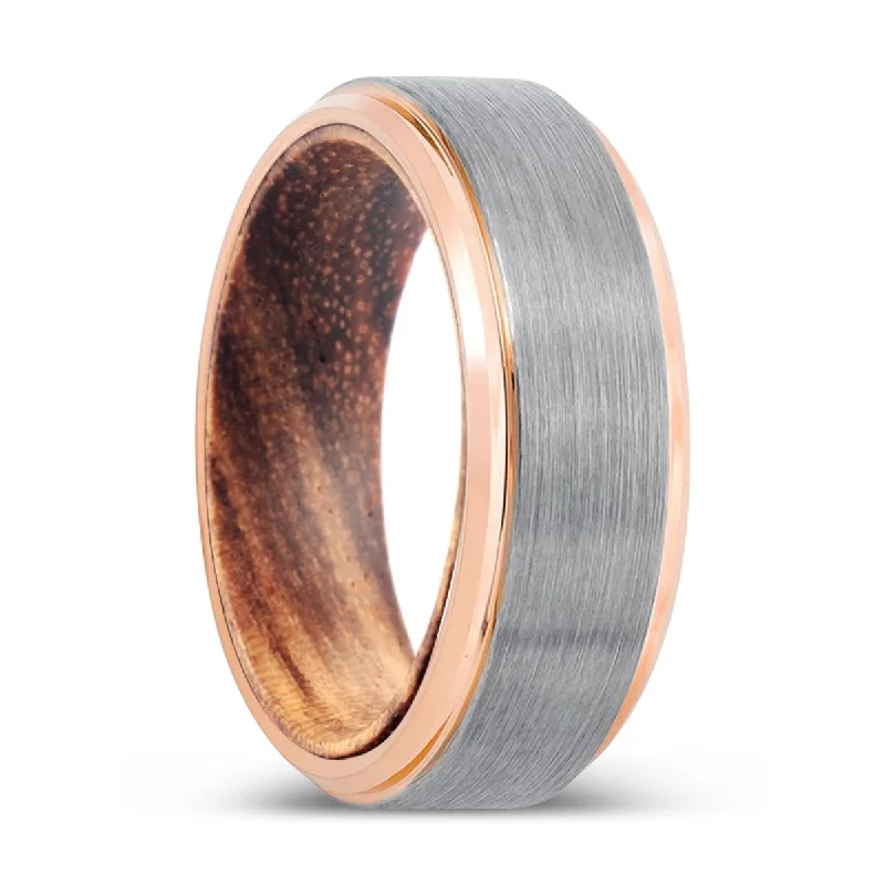 classic solitaire rings for women-SKELT | Zebra Wood, Silver Tungsten Ring, Brushed, Rose Gold Stepped Edge