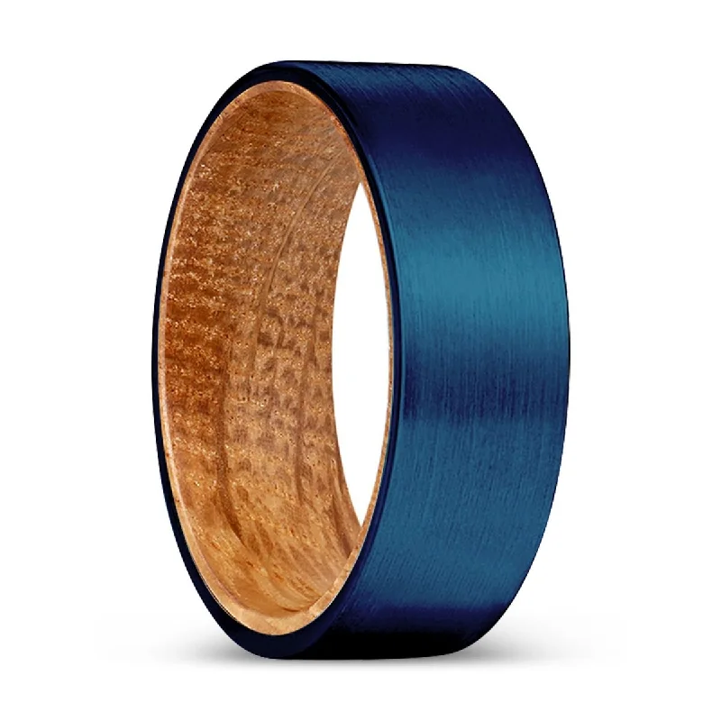 stackable silver rings for women-SAVAGE | Whiskey Barrel Wood, Blue Tungsten Ring, Brushed, Flat