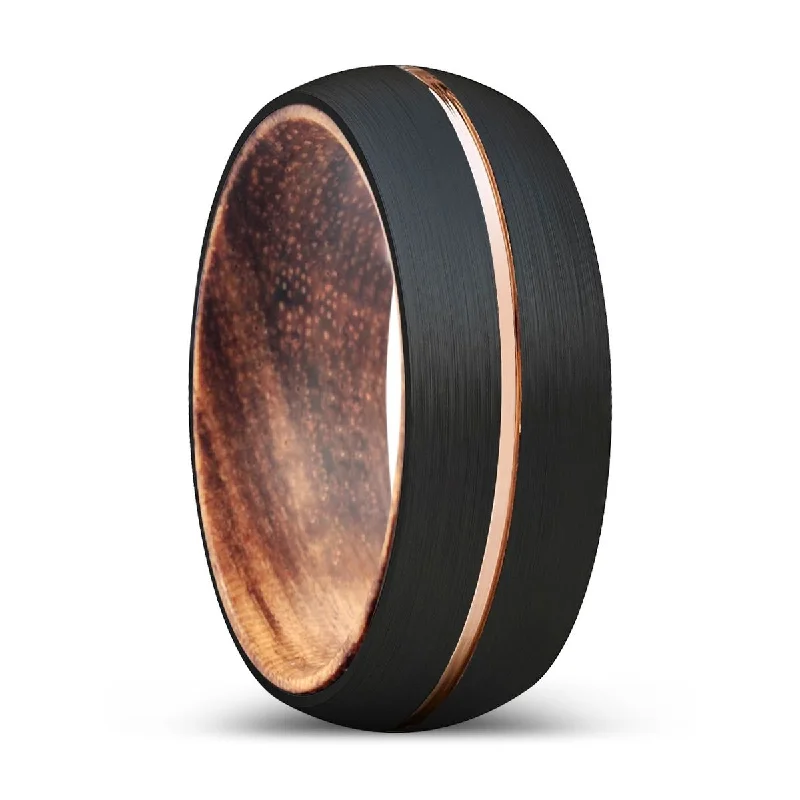 handmade rings for women-AXES | Zebra Wood, Black Tungsten Ring, Rose Gold Groove, Domed