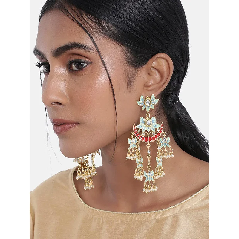 flower earrings for women-Etnico 18k Gold Plated Pearl Meenakari Lotus Design Dangler Earrings for Women (E2853SB)