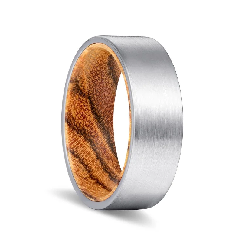 romantic promise rings for women-CANOLI | Bocote Wood, Silver Tungsten Ring, Brushed, Flat