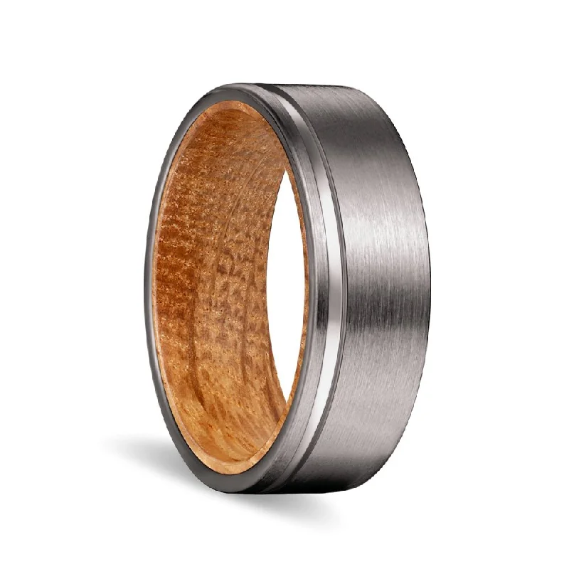 elegant silver rings for women-DAWSON | Whiskey Barrel Wood, Gunmetal Tungsten Offset Groove