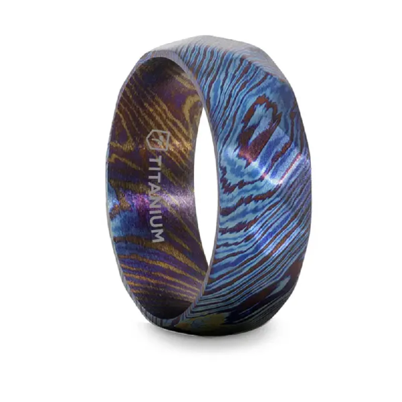 promise wedding rings for women-Brushed Titanium Ring with Blue and Purple Wavy Design