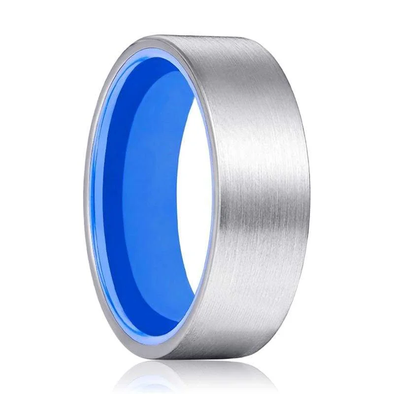 blue sapphire rings for women-Torrington Men's Flat Brushed Tungsten Carbide Ring with Sky Blue Inner - 8mm