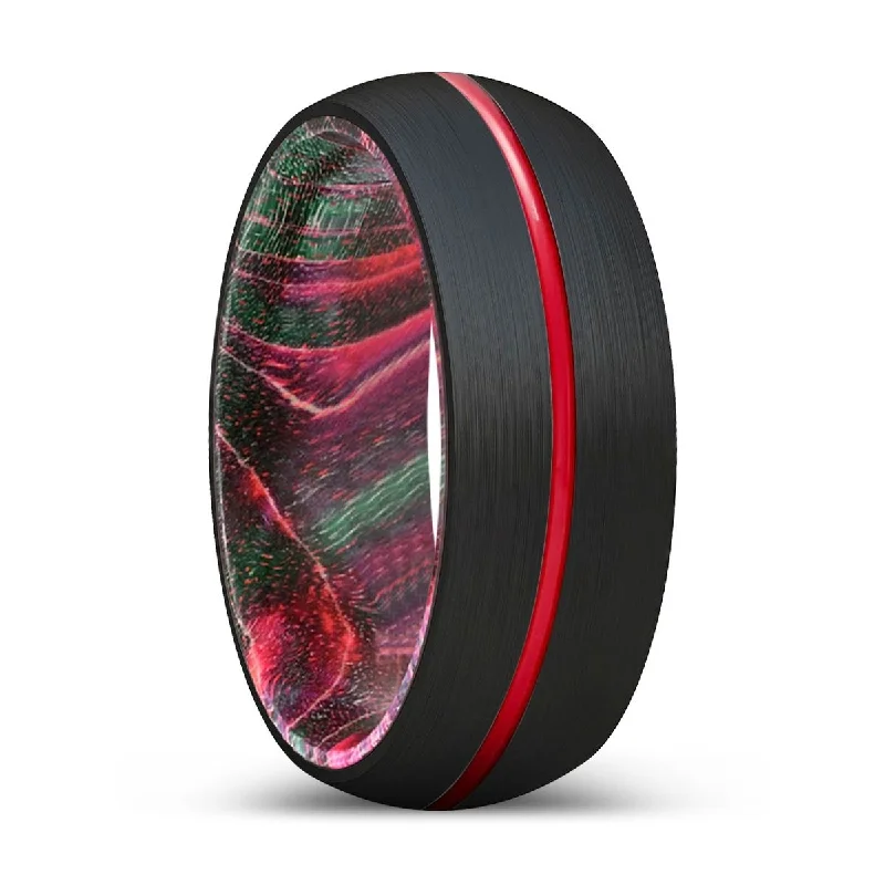 vintage wedding rings for women-WICKED | Green & Red Wood, Black Tungsten Ring, Red Groove, Domed