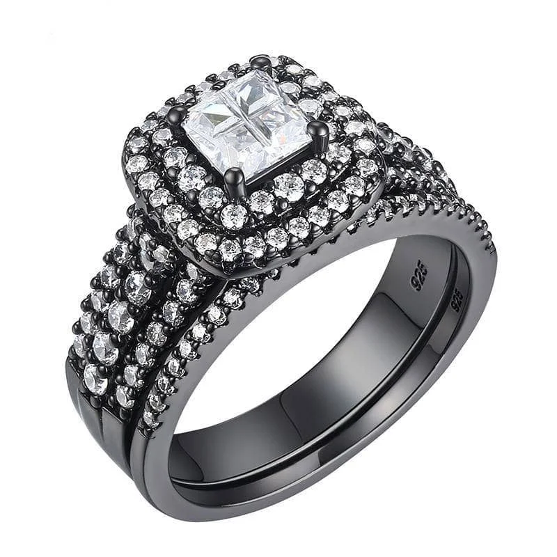 round cut engagement rings-Halo Created Diamond Black Engagement Ring Set