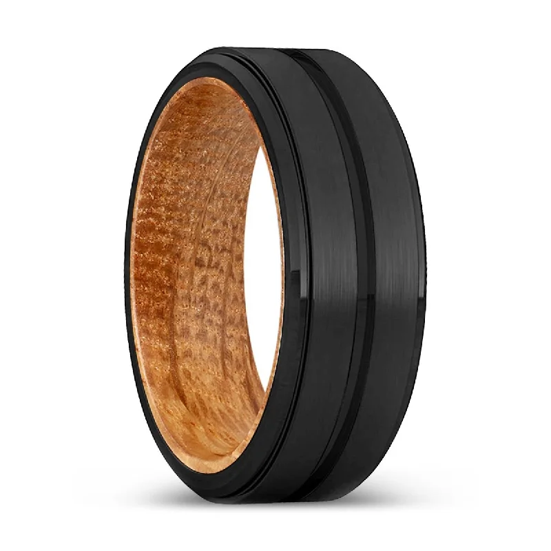 custom rings for women-KINGSLEY | Whiskey Barrel Wood, Black Tungsten Ring, Grooved, Stepped Edge