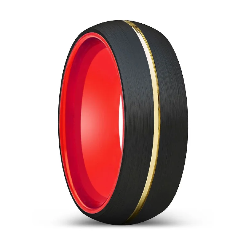 designer wedding rings for women-RADOVAN | Red Ring, Black Tungsten Ring, Gold Groove, Domed