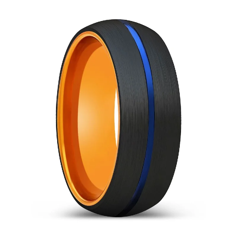 handcrafted wedding rings for women-RUTILO | Orange Ring, Black Tungsten Ring, Blue Groove, Domed