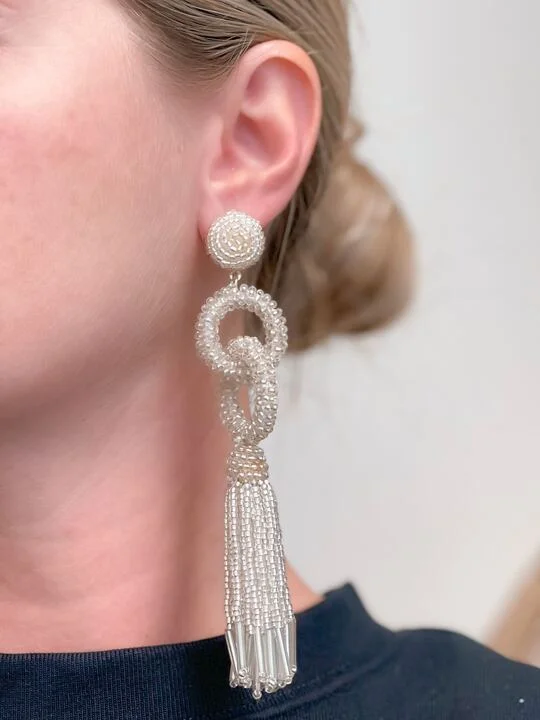 elegant earrings for women-Seed Bead Linked Tassel Earrings - Silver