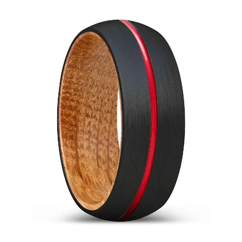 anniversary gemstone rings for women-DARTH | Whiskey Barrel Wood, Black Tungsten Ring, Red Groove, Domed