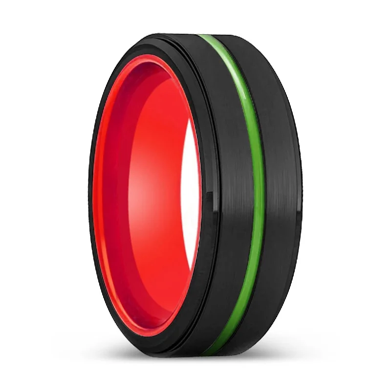 modern gold rings for women-ROCKFORD | Red Ring, Black Tungsten Ring, Green Groove, Stepped Edge