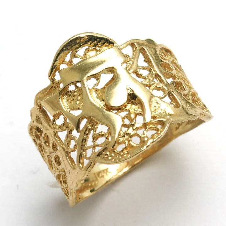 designer wedding rings for women-14k Yellow gold Chai Filigree Wide Ring Judaica