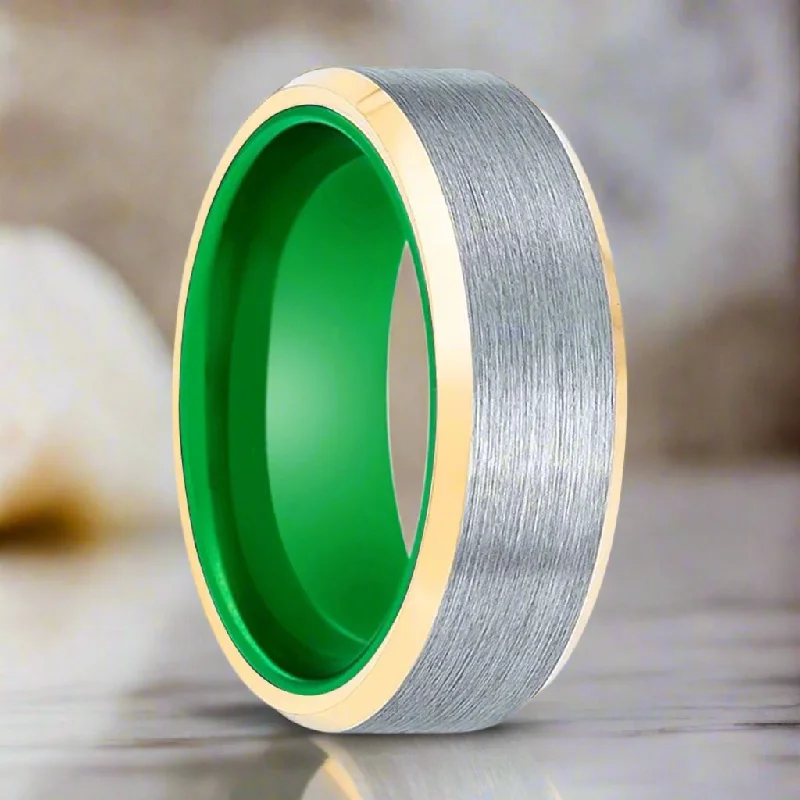 chic rings for women-ACES | Green Ring, Brushed, Silver Tungsten Ring, Gold Beveled Edges