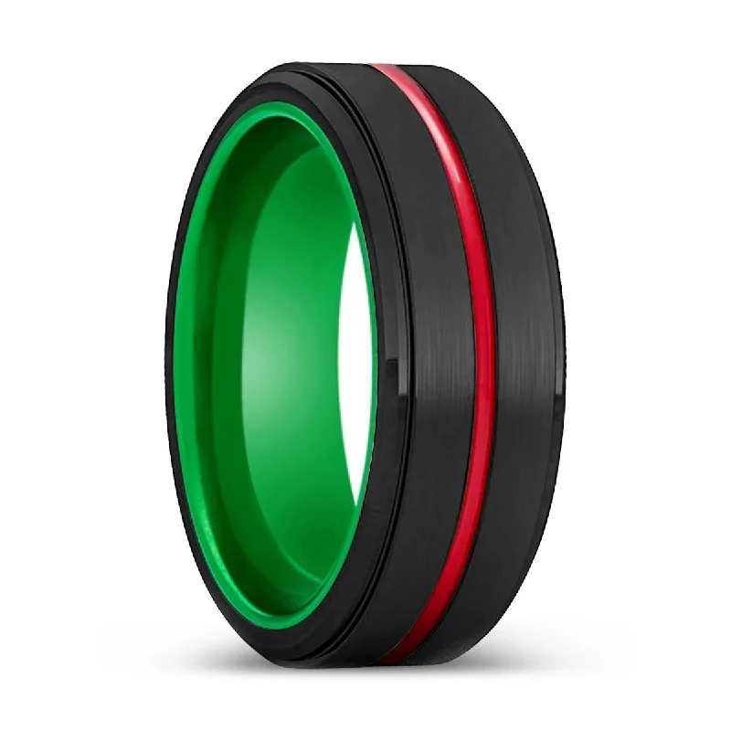 vintage gold rings for women-RINDE | Green Ring, Black Tungsten Ring, Red Groove, Stepped Edge