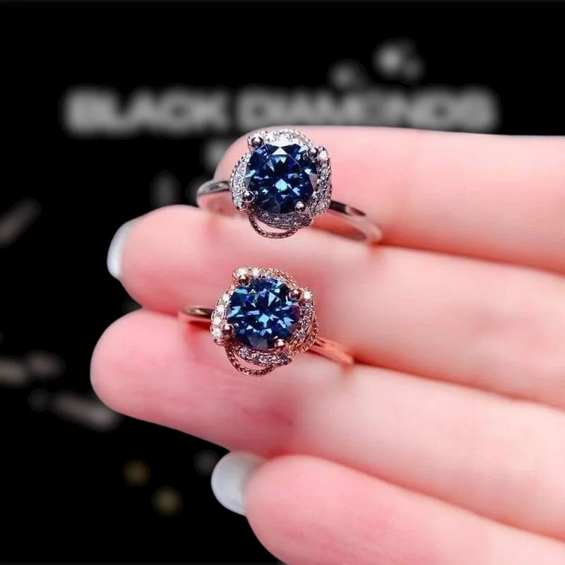 vintage-inspired sapphire engagement rings-1ct Round Cut Dark Blue Diamond Ring Engagement Ring