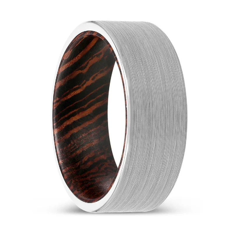 anniversary rings for women-CHRISTOS | Wenge Wood, White Tungsten Ring, Brushed, Flat