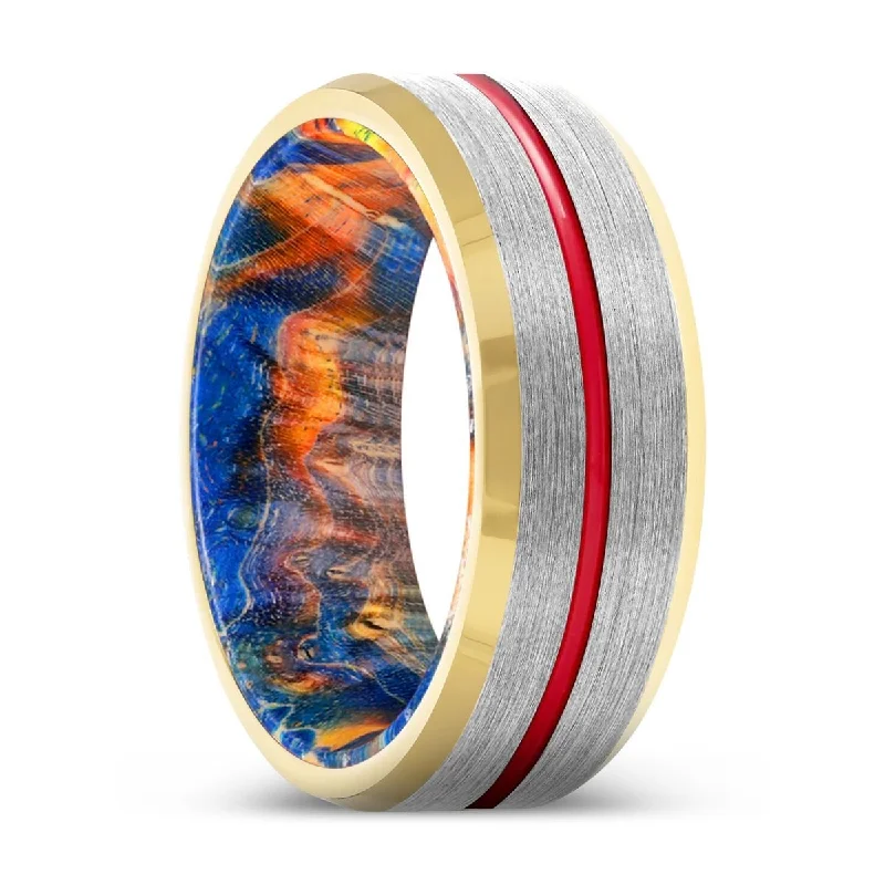 blue sapphire rings for women-VINCENT | Blue & Yellow/Orange Wood, Silver Tungsten Ring, Red Groove, Gold Beveled Edge