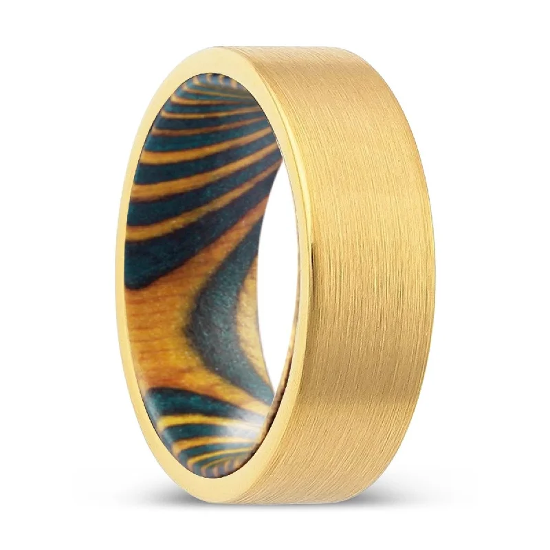 sapphire rings for women-KATOKA | Green & Yellow Wood, Gold Tungsten Ring, Brushed, Flat