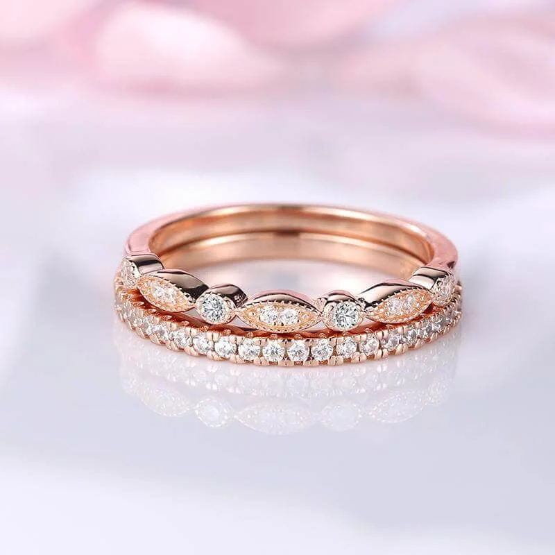 bridal engagement rings-Rose Gold Art Deco Half Eternity Stacking Wedding Band Set