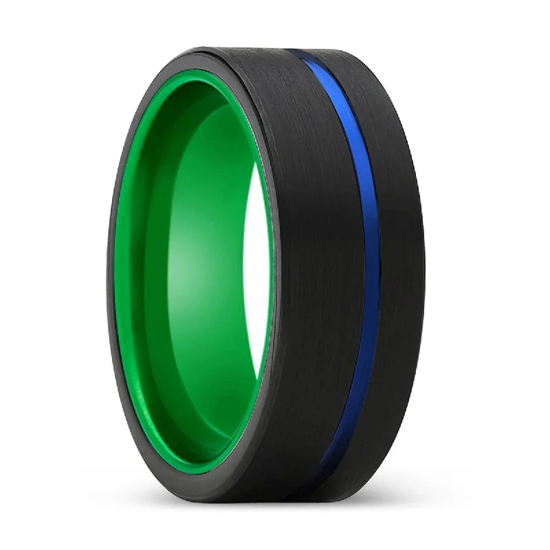 luxury rings for women-DEMONIO | Green Ring, Black Tungsten Ring, Blue Offset Groove, Flat