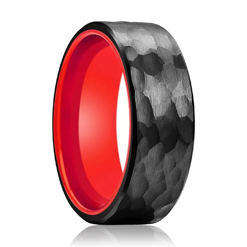 classic wedding bands for women-MARS | Red Ring, Black Tungsten Ring, Hammered, Flat