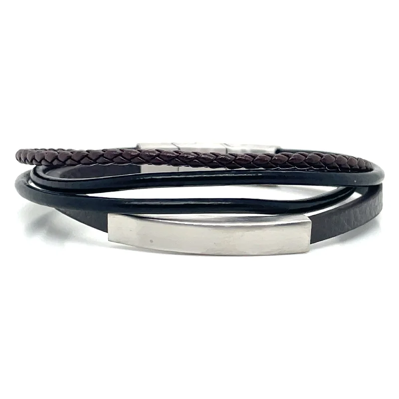 chic bangles for women-Gents Brown And Black Leather Multi Strand ID Bracelet