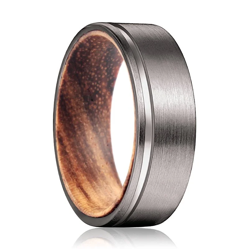 stackable gemstone rings for women-SPARKS | Zebra Wood, Gunmetal Tungsten Offset Groove