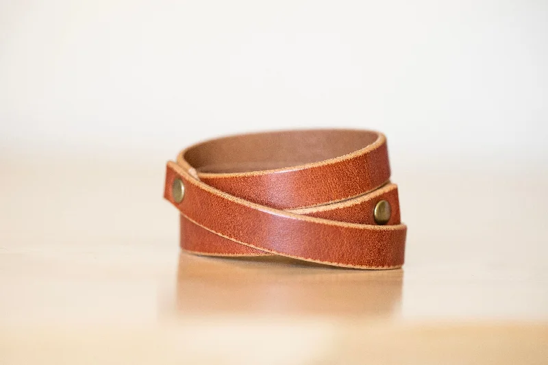 traditional bangle sets for women-Leather Bracelet Handmade - Triple Rivet Wrap - English Tan + Antique Brass - Boho Style - Personalized Engraving Gifts