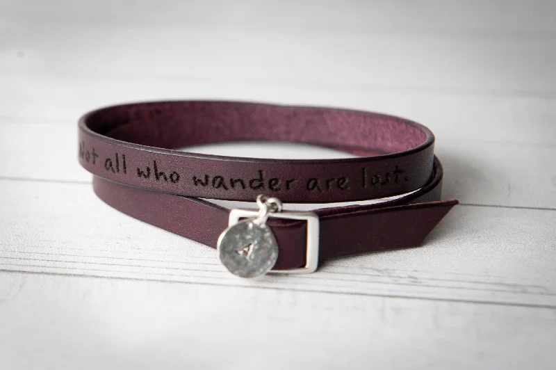 modern bangles for women-Handmade Leather + Sterling Silver Monogram Engraved Leather Bracelet | Perfect Gift for Women | Mens Bracelet | Couples Affirmations