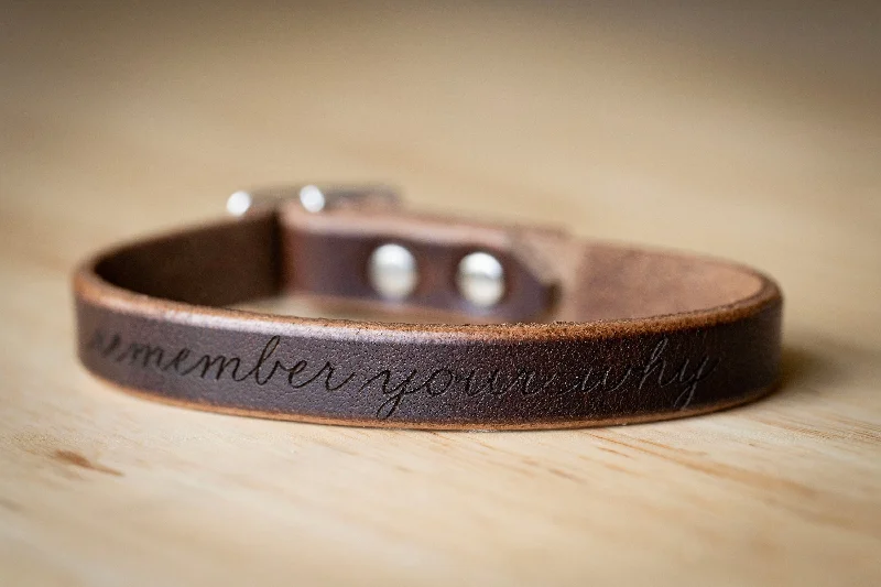 modern charm bangles for women-Handmade Leather Bracelet | Sterling Silver + Rustic Brown | Remember Your Why Skinny Wrap | Affirmations Personalized Engraved Adjustable